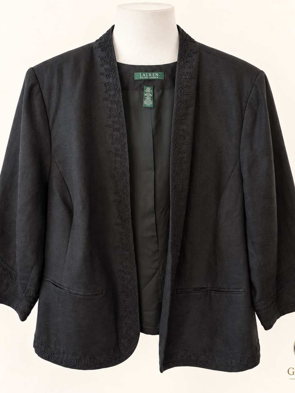 Lauren Ralph Lauren Black Open-Front Embroidered Trim Blazer